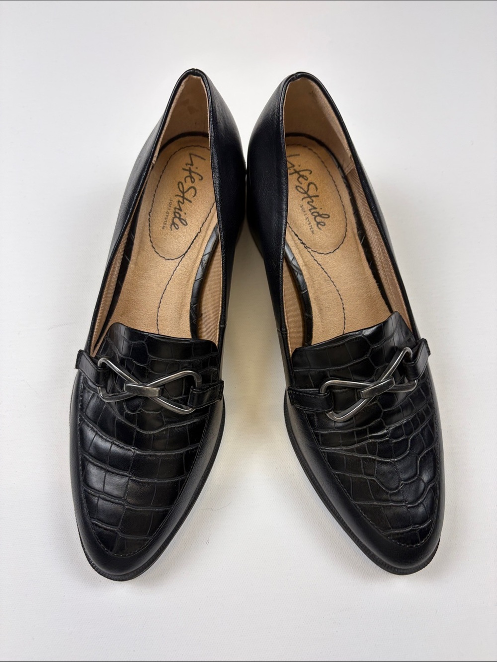 LIFESTRIDE BLACK CROC EMBOSSED LOAFERS BLOCK HEEL HORSEBIT PUMPS 7.5W